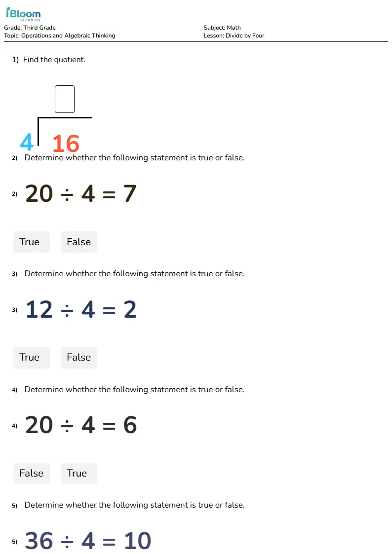 Free Divide by Four Worksheets for Grade 3