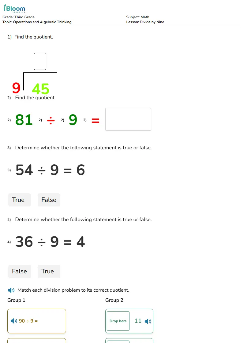 Free Divide by Nine Worksheets for Grade 3