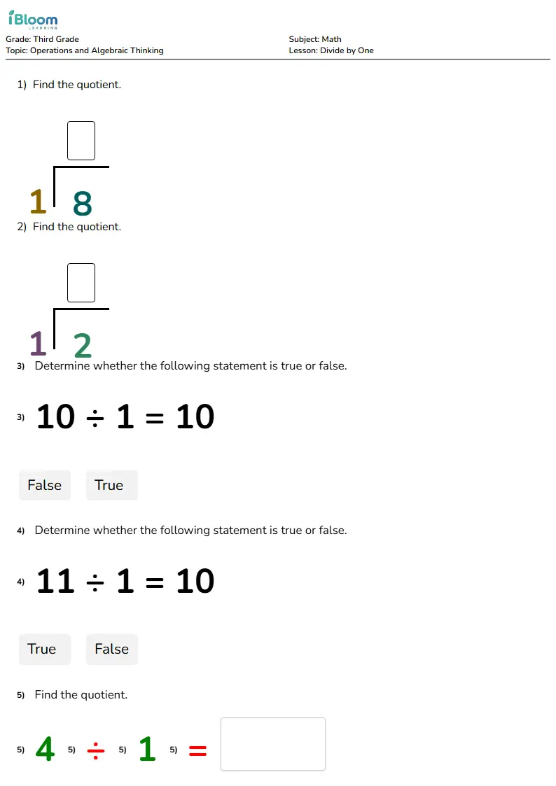 Free Divide by One Worksheets for Grade 3