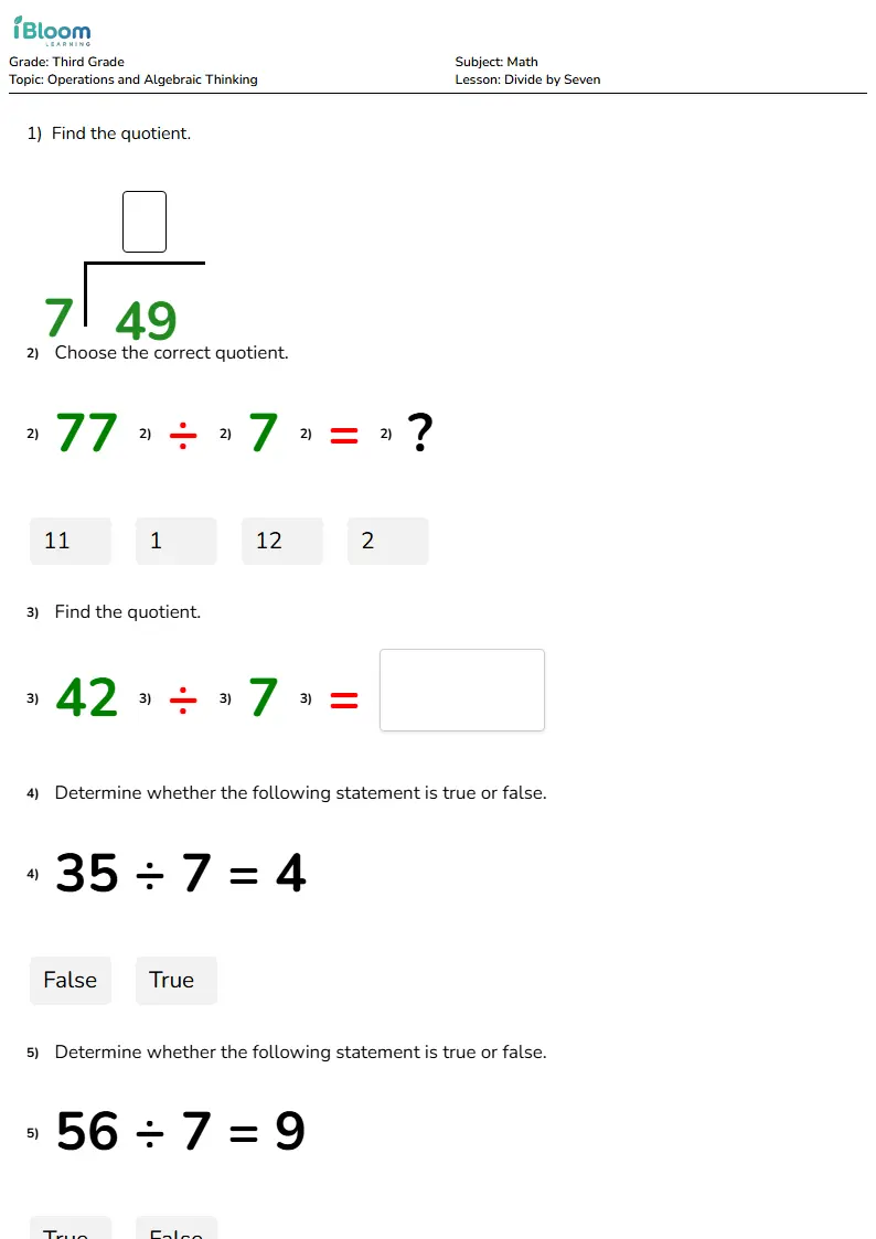 Free Divide by Seven Worksheets for Grade 3