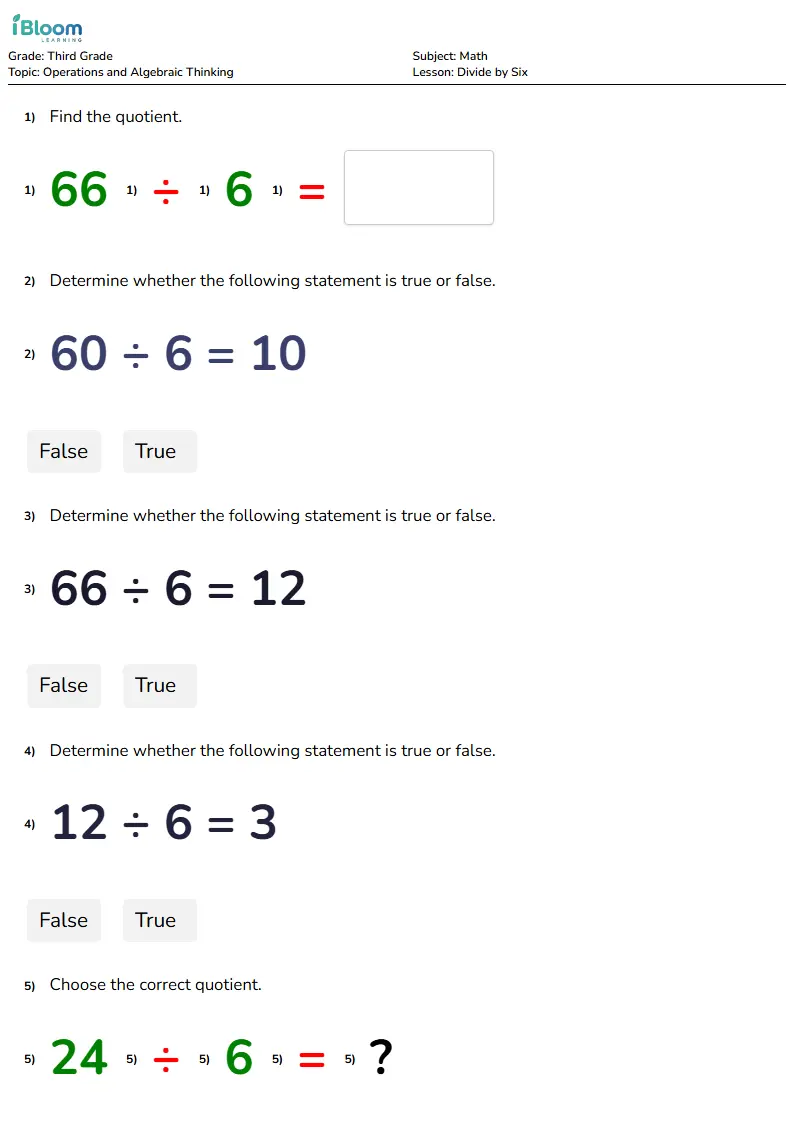 Free Divide by Six Worksheets for Grade 3