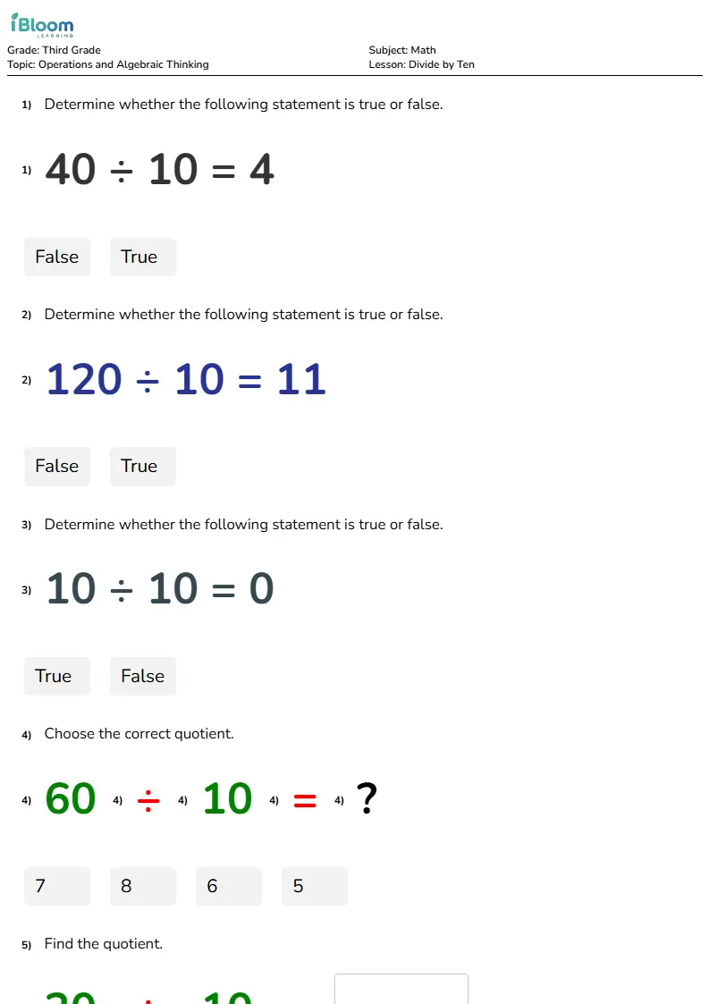 Free Divide by Ten Worksheets for Grade 3