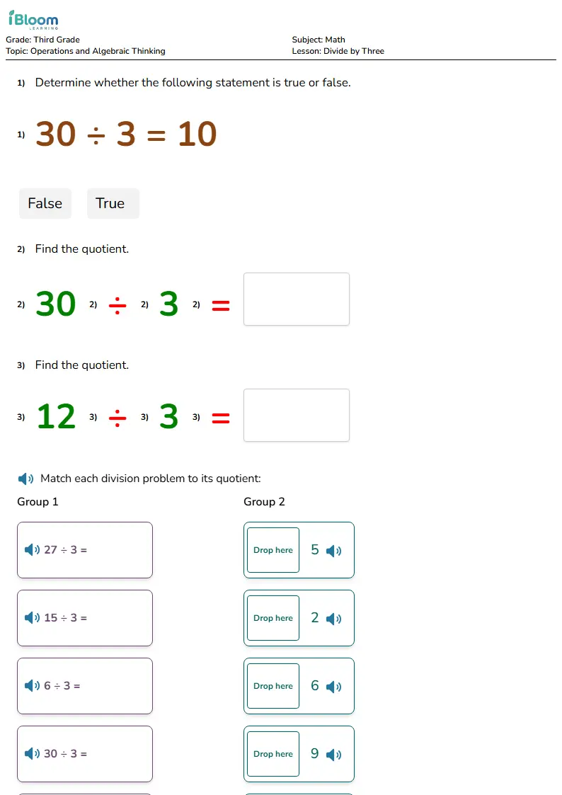Free Divide by Three Worksheets for Grade 3