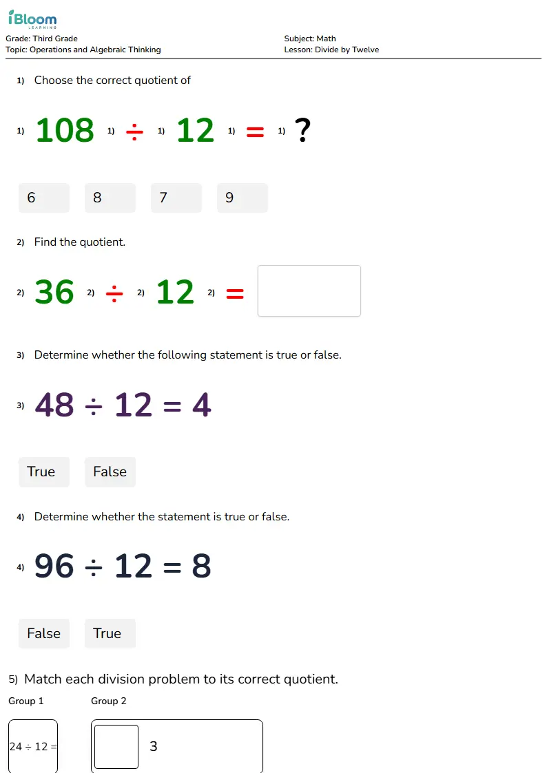 Free Divide by Twelve Worksheets for Grade 3