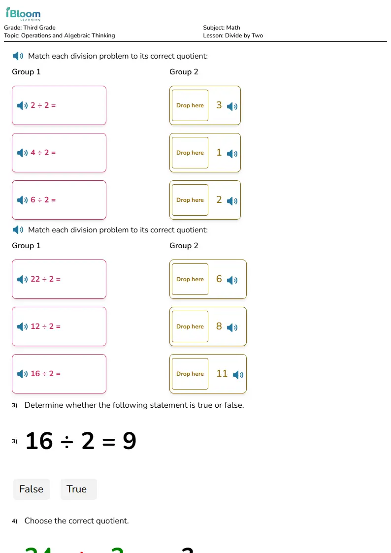 Free Divide by Two Worksheets for Third Grade