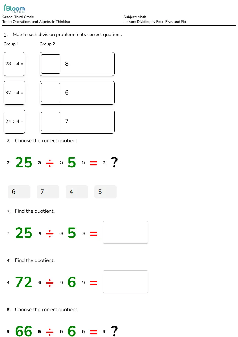 Free Dividing by Four, Five, and Six Worksheets for Third Grade | iBloom