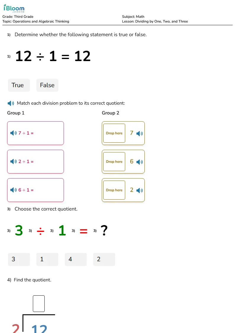 Free Dividing by One, Two, and Three Worksheets for Third Grade | iBloom