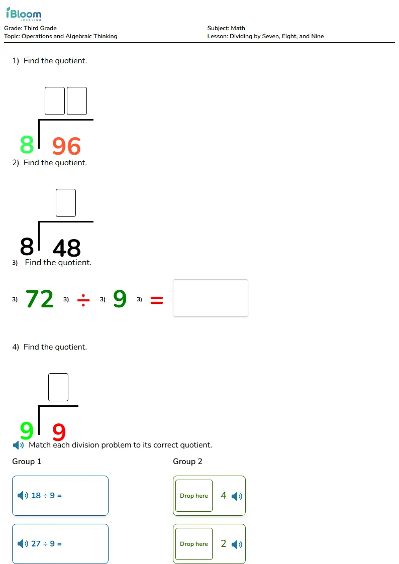 Free Dividing by Seven, Eight, and Nine Worksheets for Third Grade | iBloom