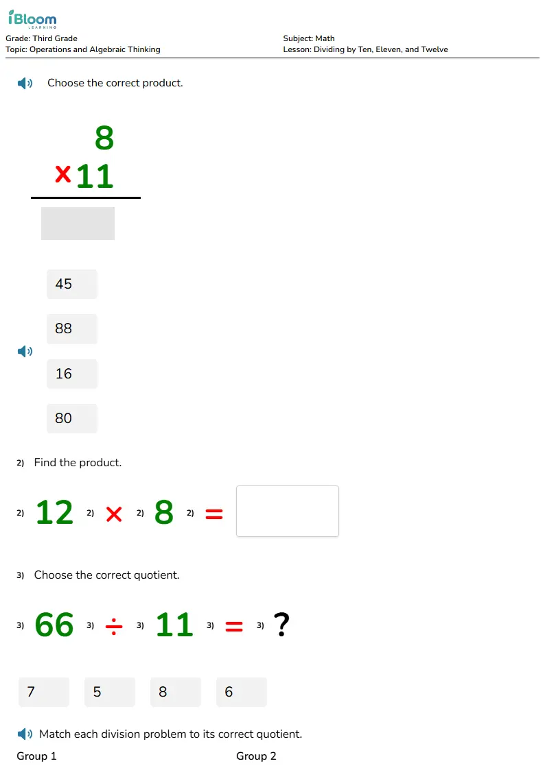 Free Dividing by Ten, Eleven, and Twelve Worksheets for Third Grade | iBloom