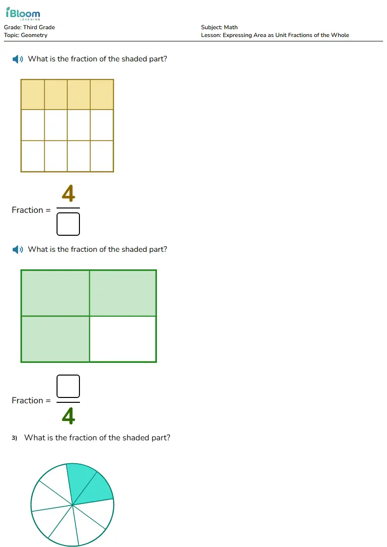 Free Expressing Area as Unit Fractions of the Whole Worksheets for Third Grade | iBloom
