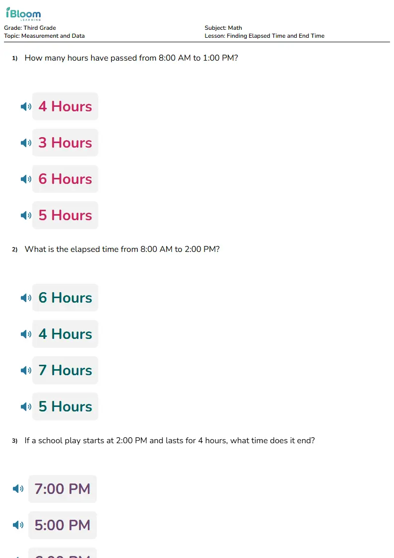 Free Finding Elapsed Time and End Time Worksheets for Third Grade | iBloom