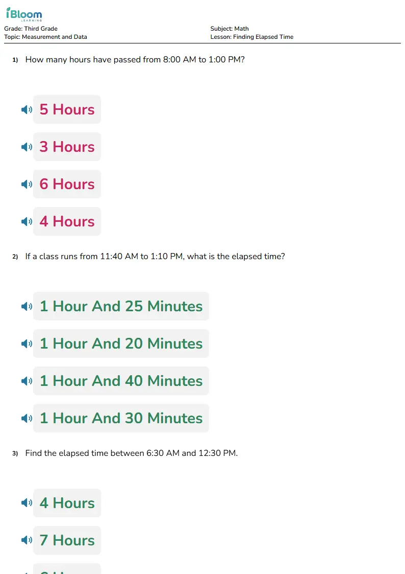 Free Finding Elapsed Time Worksheets for Third Grade | iBloom