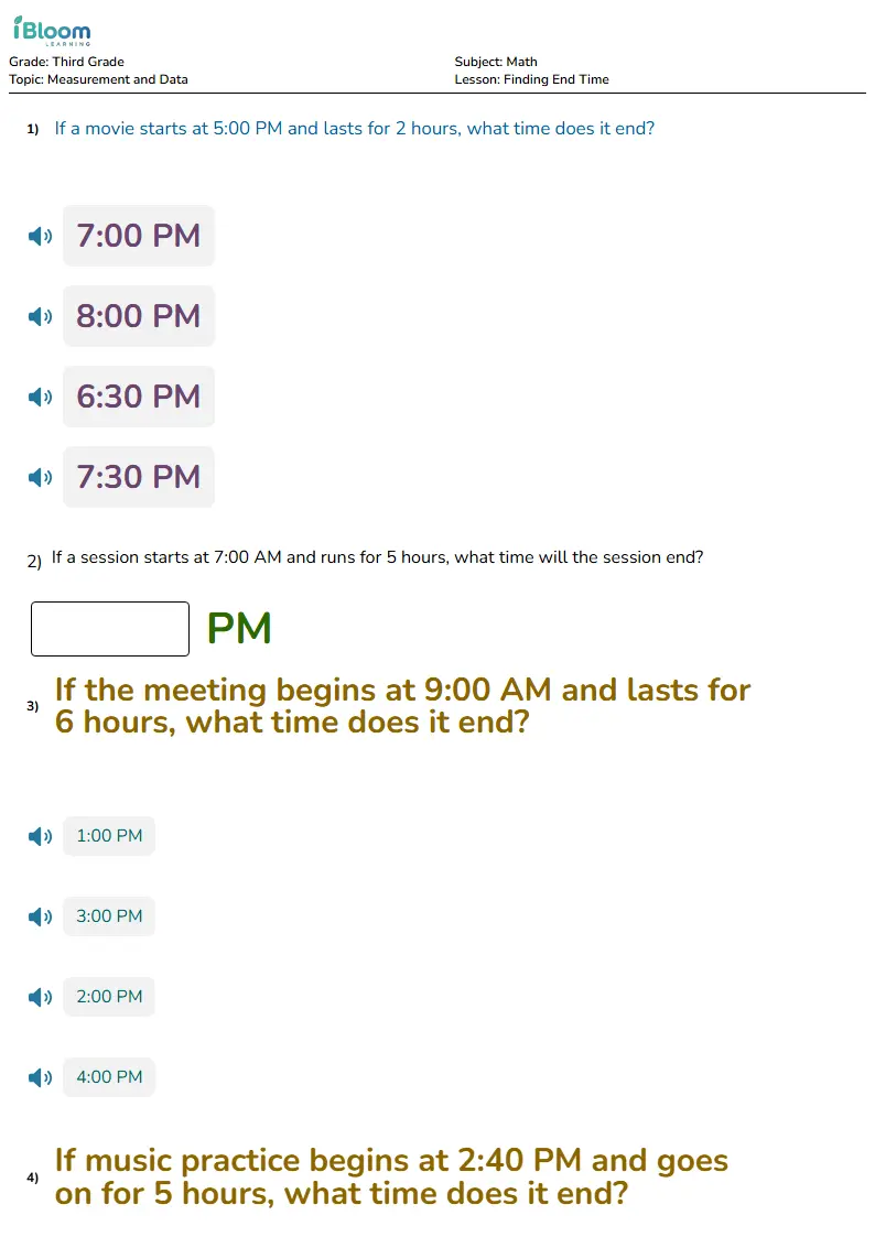 Free Finding End Time Worksheets for Third Grade | iBloom