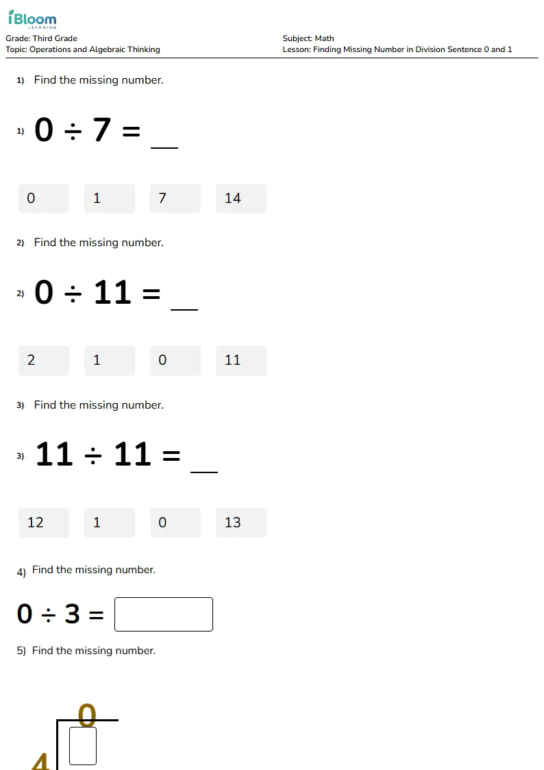 Free Finding Missing Number in Division Sentence 0 and 1 Worksheets for Third Grade | iBloom