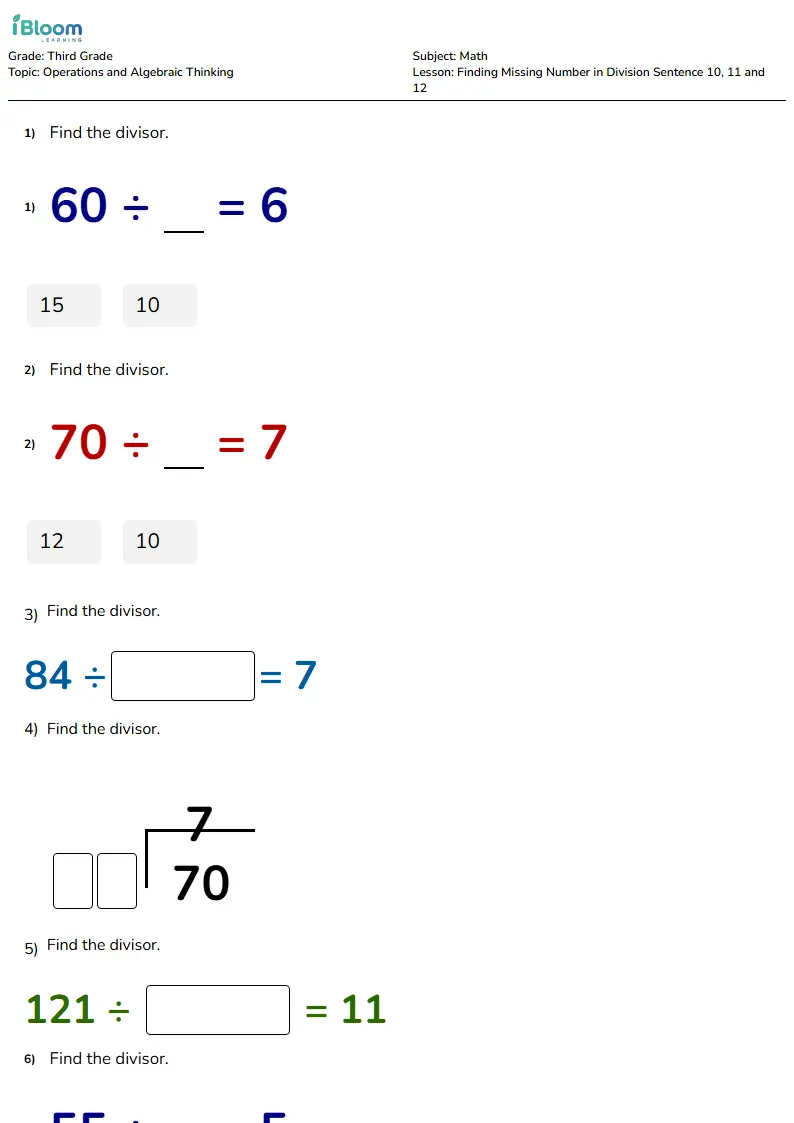 Free Finding Missing Number in Division Sentence 10, 11 and 12 Worksheets for Third Grade | iBloom