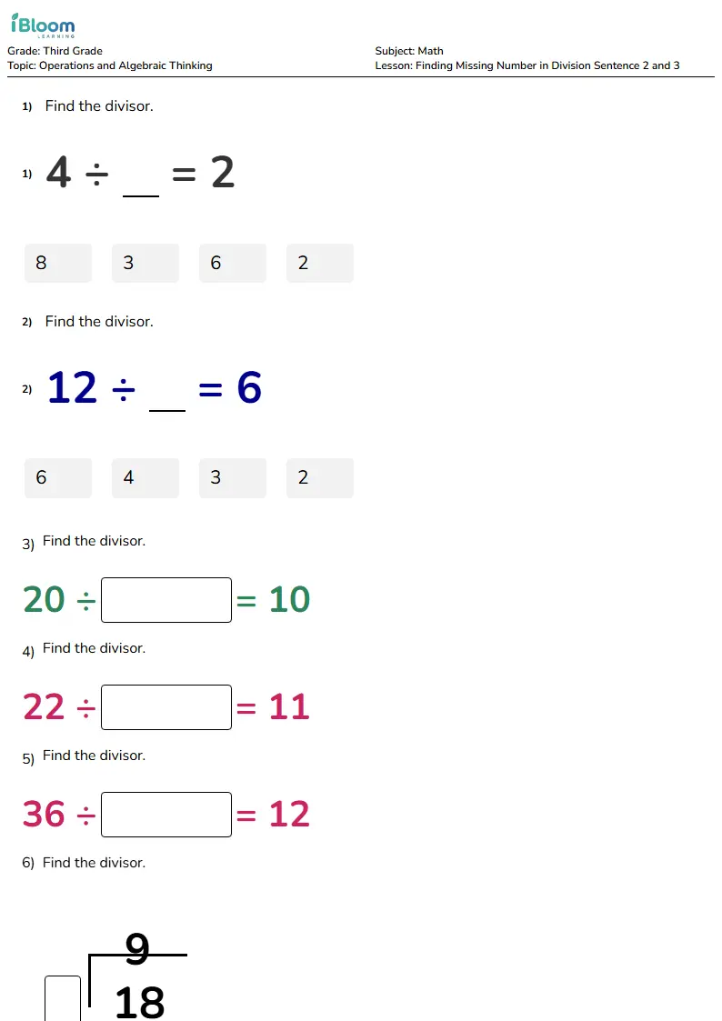 Free Finding Missing Number in Division Sentence 2 and 3 Worksheets for Third Grade | iBloom