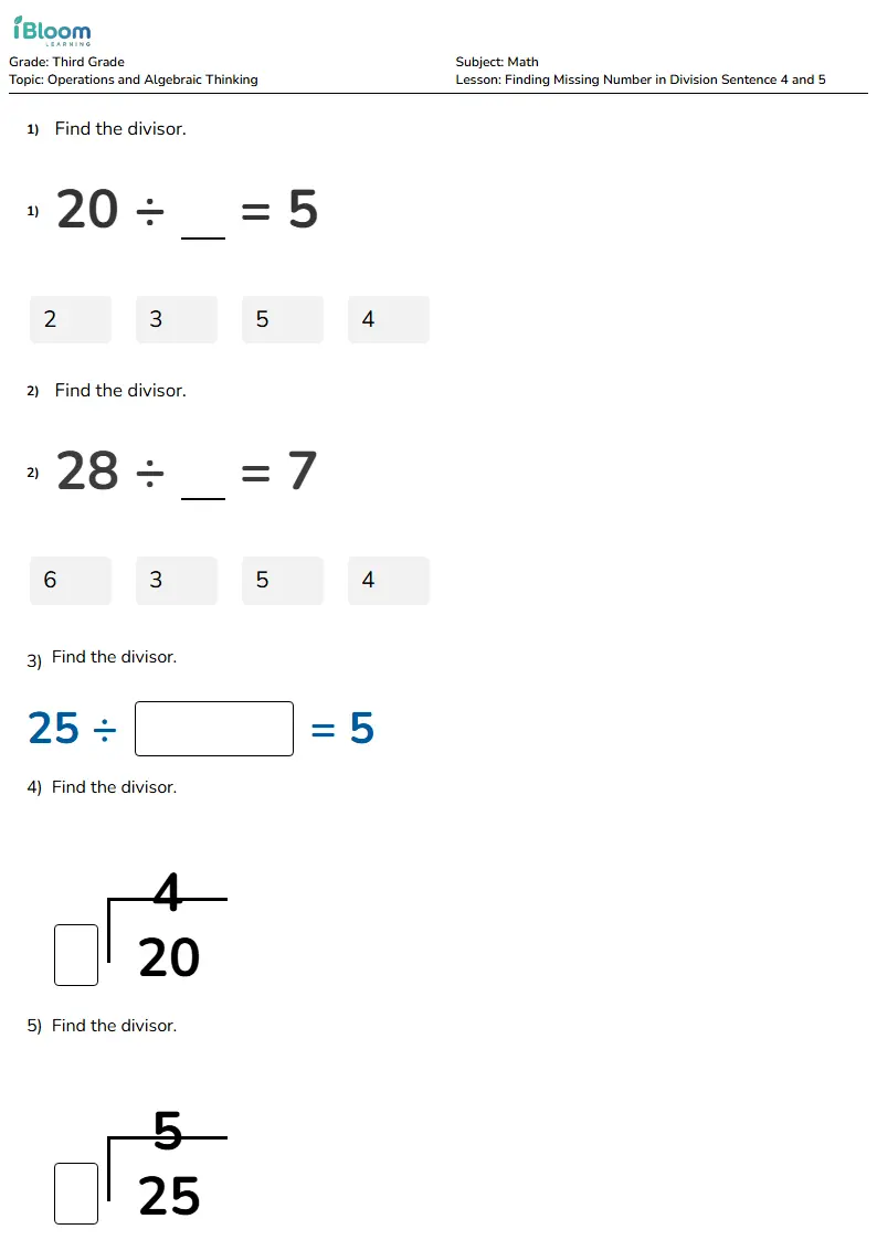 Free Finding Missing Number in Division Sentence 4 and 5 Worksheets for Third Grade | iBloom