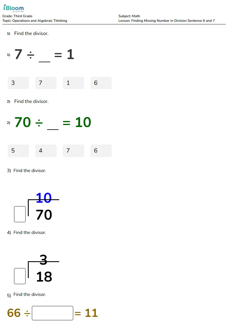 Free Finding Missing Number in Division Sentence 6 and 7 Worksheets for Third Grade | iBloom