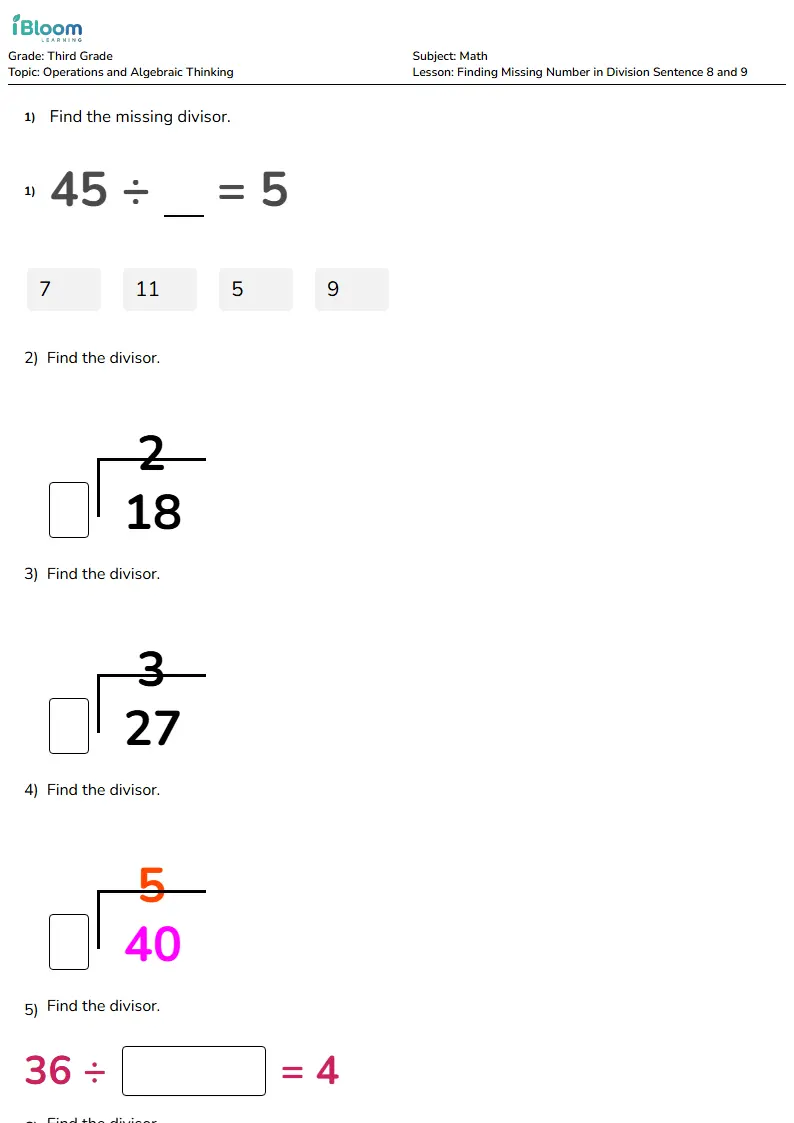 Free Finding Missing Number in Division Sentence 8 and 9 Worksheets for Third Grade | iBloom