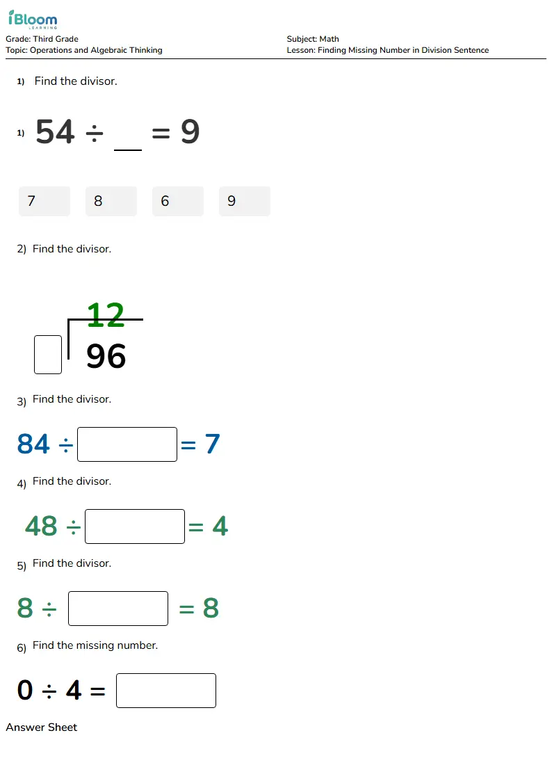 Free Finding Missing Number in Division Sentence Worksheets for Third Grade | iBloom