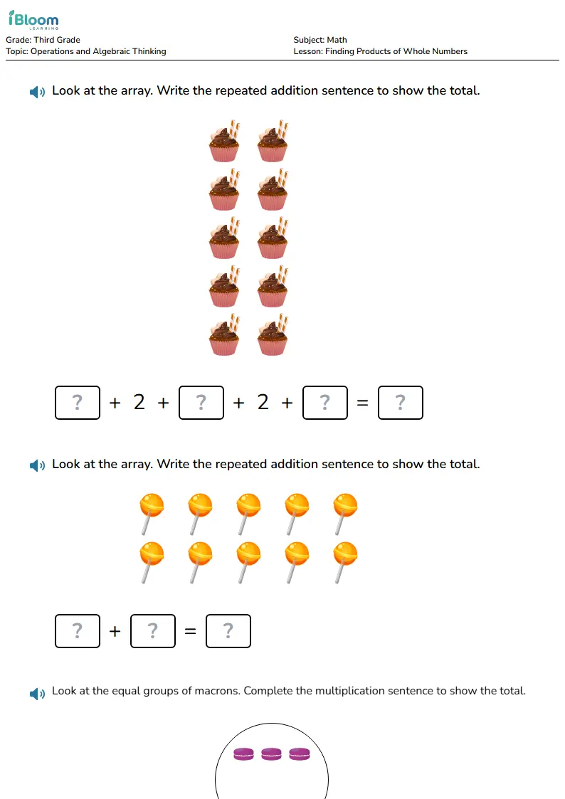 Free Finding Products of Whole Numbers Worksheets for Third Grade | iBloom