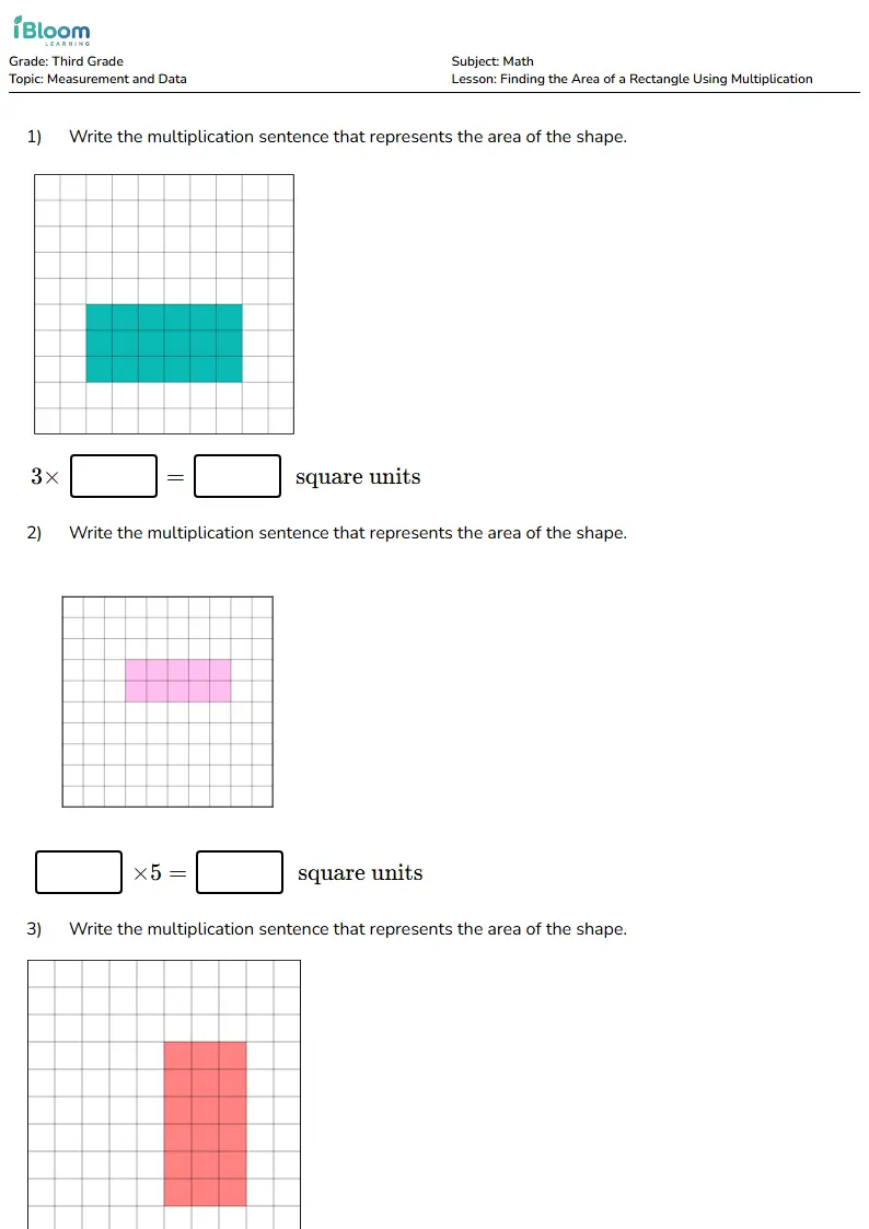 Free Finding the Area of a Rectangle Using Multiplication Worksheets for Third Grade | iBloom