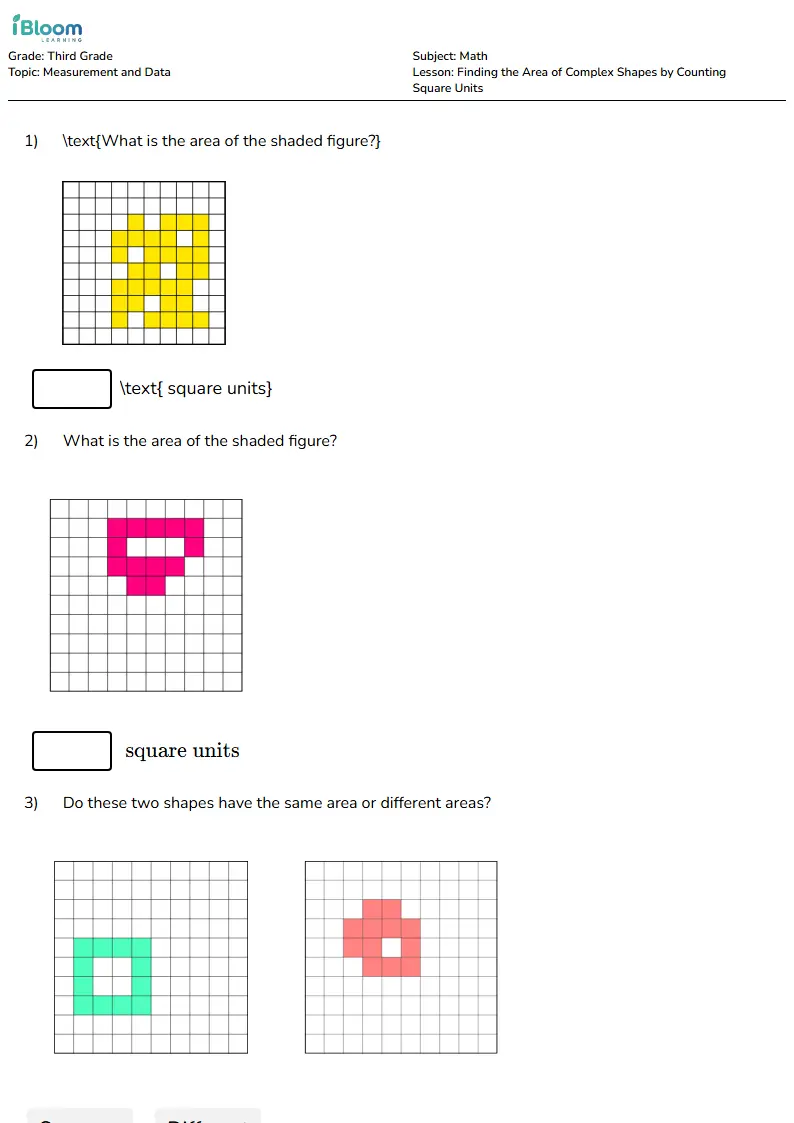 Free Finding the Area of Complex Shapes by Counting Square Units Worksheets for Third Grade | iBloom