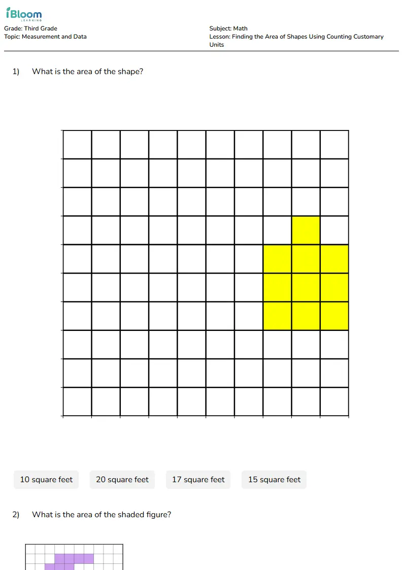 Free Finding the Area of Shapes Using Counting Customary Units Worksheets for Third Grade | iBloom