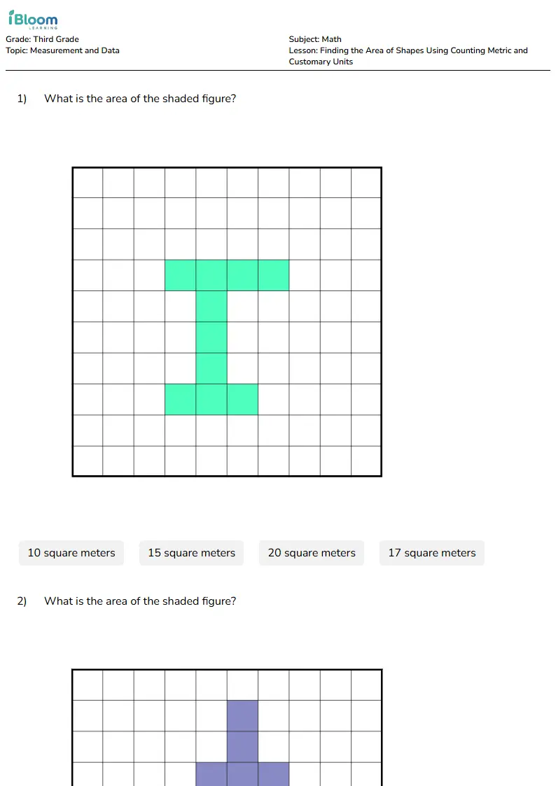 Free Finding the Area of Shapes Using Counting Metric and Customary Units Worksheets for Third Grade | iBloom