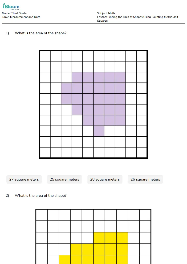 Free Finding the Area of Shapes Using Counting Metric Unit Squares Worksheets for Third Grade | iBloom