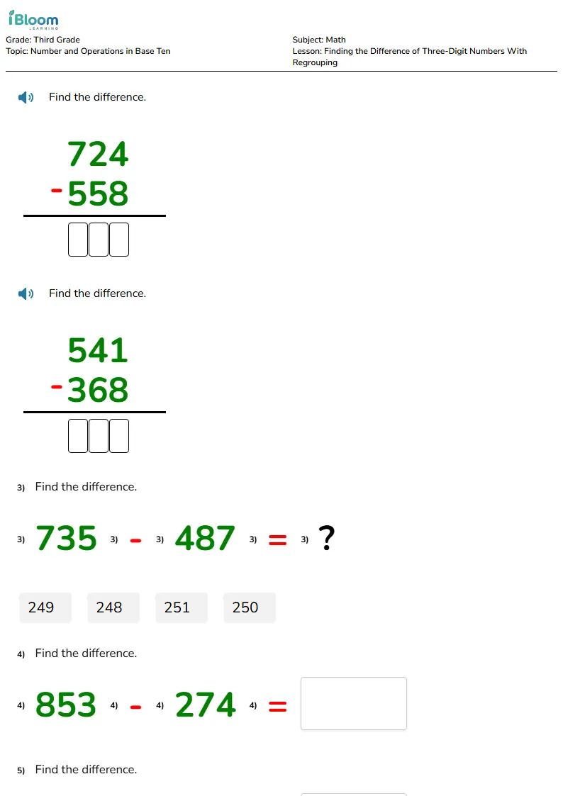 Free Finding the Difference of Three-Digit Numbers With Regrouping Worksheets for Third Grade | iBloom