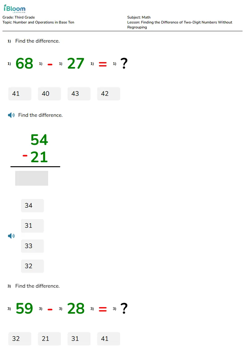 Free Finding the Difference of Two-Digit Numbers Without Regrouping Worksheets for Third Grade | iBloom