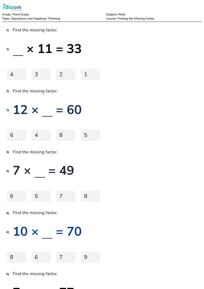 Free Finding the Missing Factor Worksheets for Third Grade | iBloom