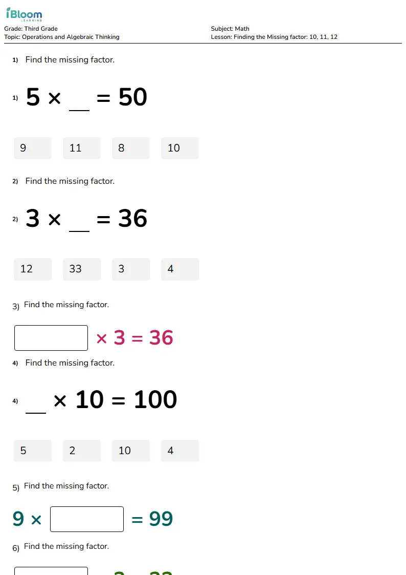 Free Finding the Missing factor: 10, 11, 12 Worksheets for Third Grade | iBloom