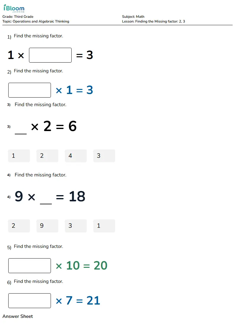Free Finding the Missing factor: 2, 3 Worksheets for Third Grade | iBloom