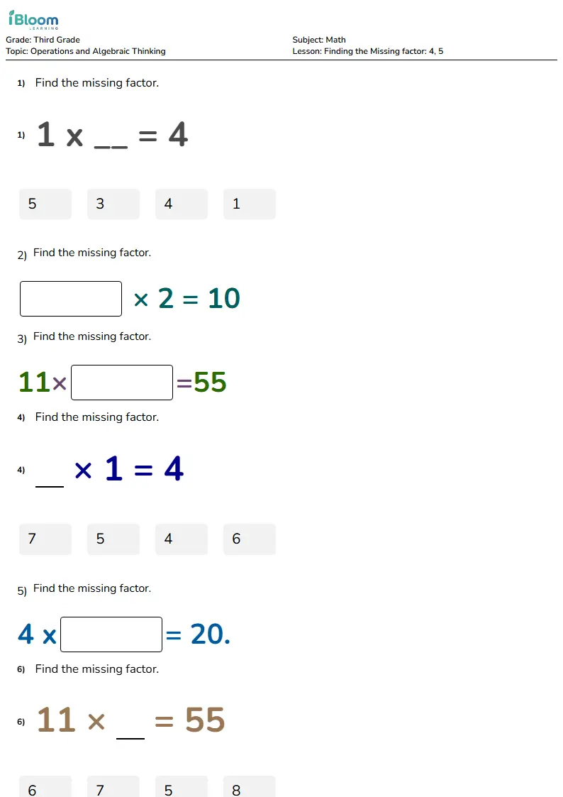 Free Finding the Missing factor: 4, 5 Worksheets for Third Grade | iBloom
