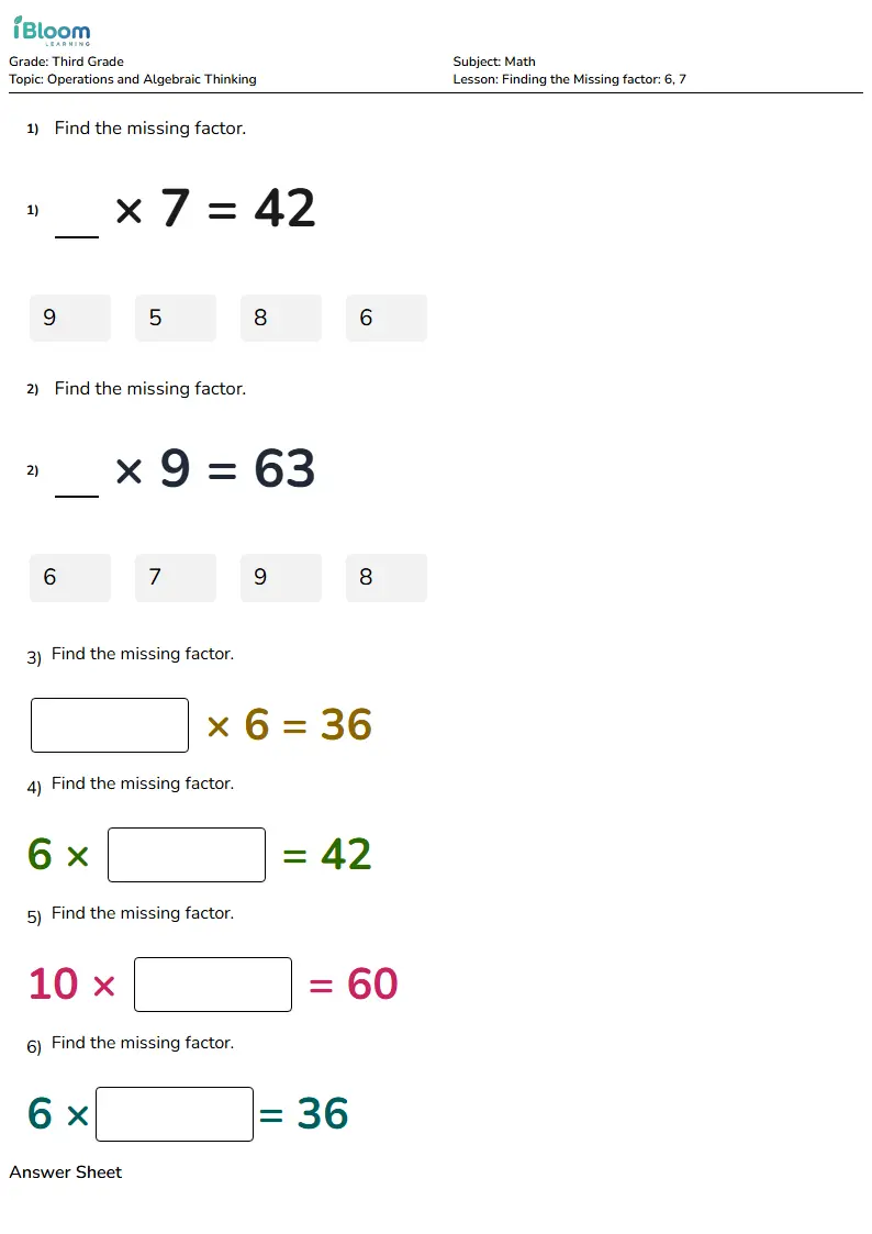Free Finding the Missing factor: 6, 7 Worksheets for Third Grade | iBloom