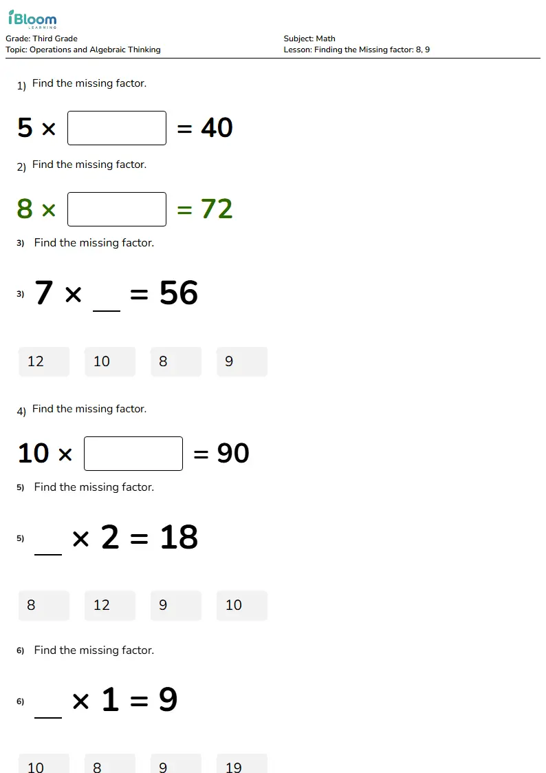 Free Finding the Missing factor: 8, 9 Worksheets for Third Grade | iBloom
