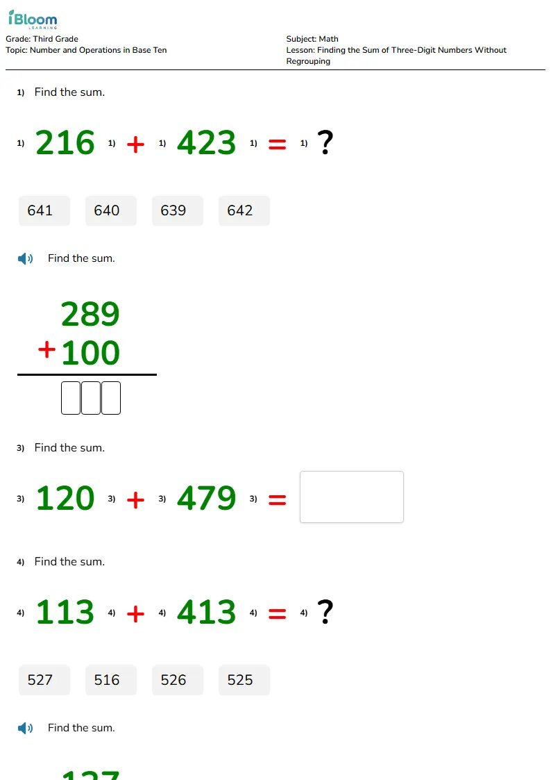 Free Finding the Sum of Three-Digit Numbers Without Regrouping Worksheets for Third Grade | iBloom