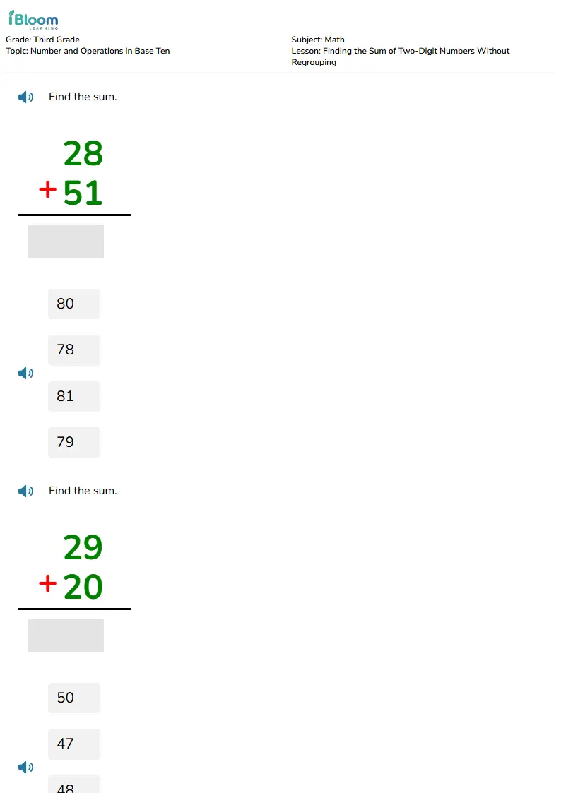Free Finding the Sum of Two-Digit Numbers Without Regrouping Worksheets for Third Grade | iBloom