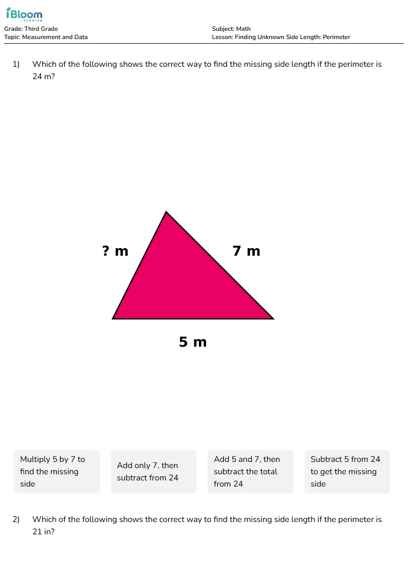 Free Finding Unknown Side Length: Perimeter Worksheets for Third Grade | iBloom
