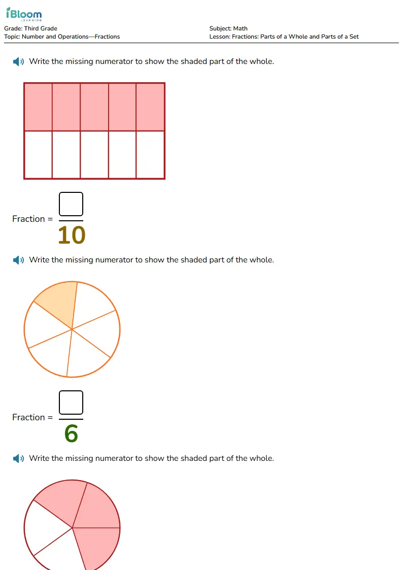Free Fractions: Parts of a Whole and Parts of a Set Worksheets for Third Grade | iBloom
