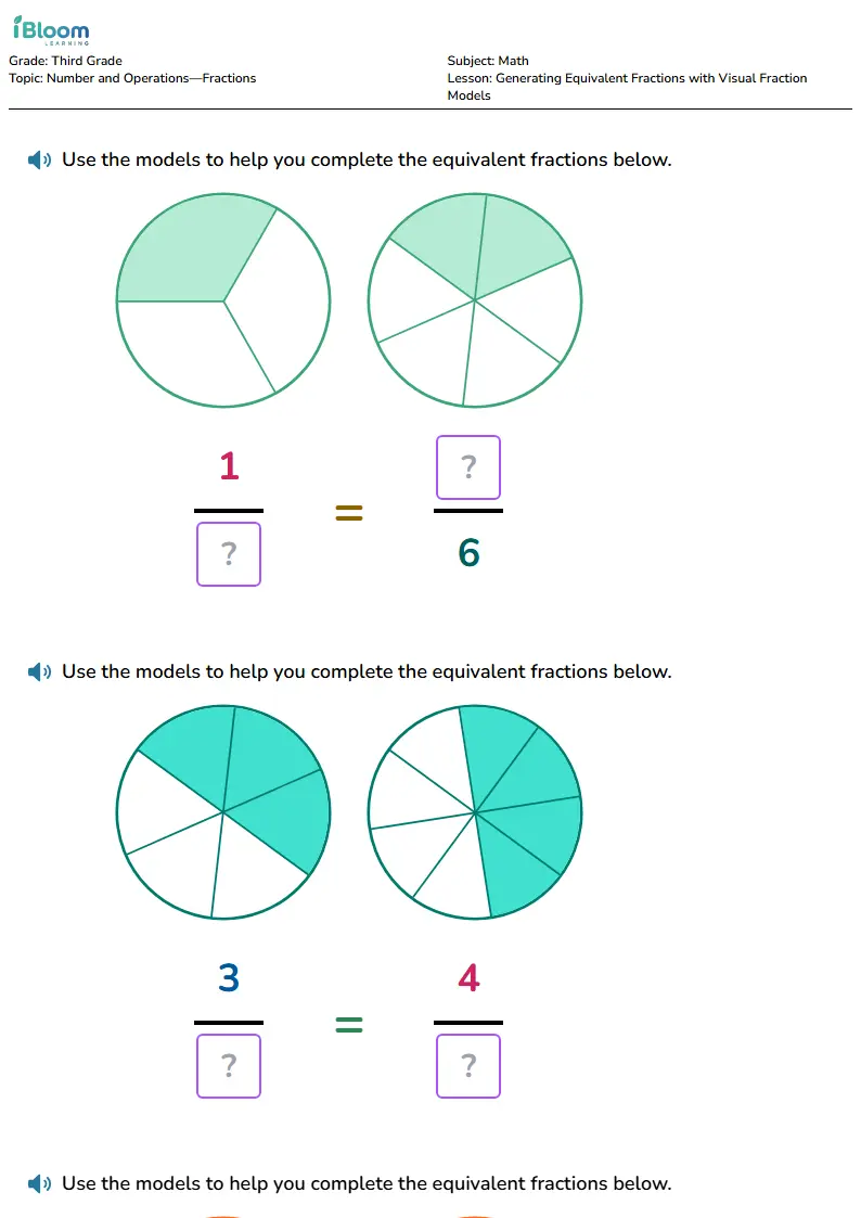 Free Generating Equivalent Fractions with Visual Fraction Models Worksheets for Third Grade | iBloom