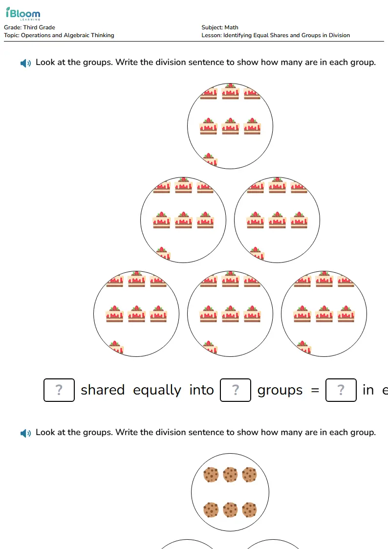Free Identifying Equal Shares and Groups in Division Worksheets for Third Grade | iBloom