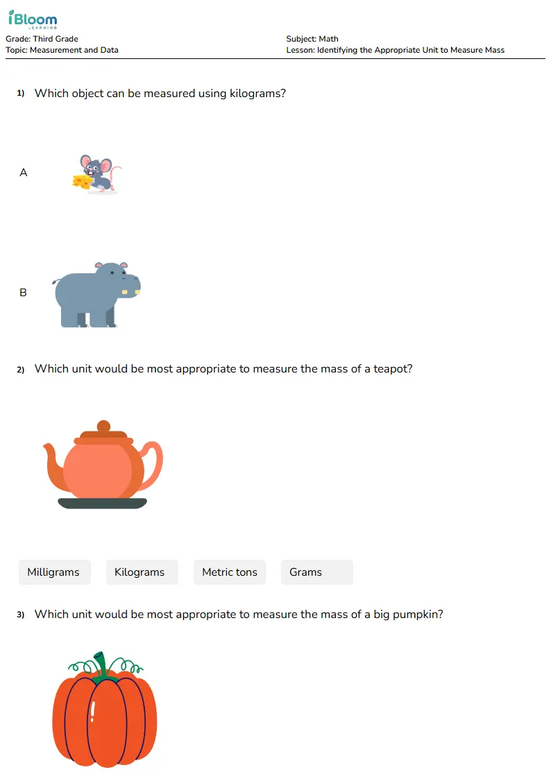 Free Identifying the Appropriate Unit to Measure Mass Worksheets for Third Grade | iBloom