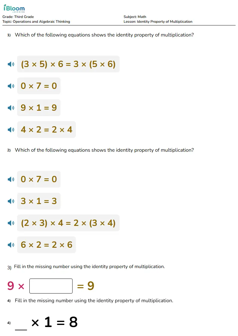 Free Identity Property of Multiplication Worksheets for Third Grade | iBloom