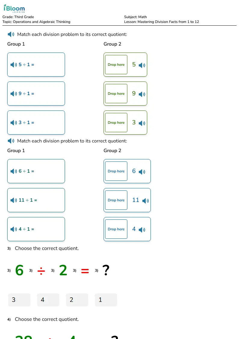 Preview image for Mastering Division Facts from 1 to 12 Worksheets for Third Grade