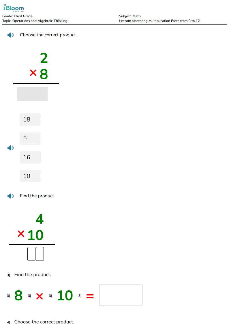 Preview image for Mastering Multiplication Facts from 0 to 12 Worksheets for Third Grade