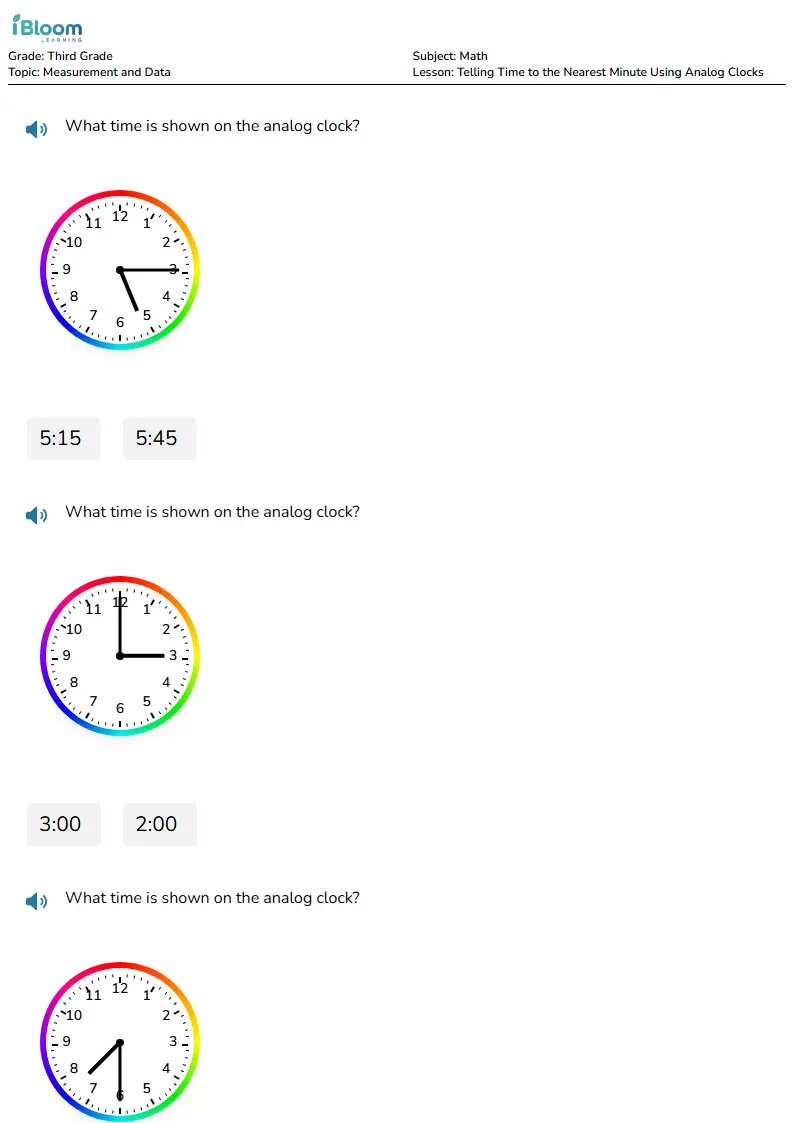 Free Telling Time to the Nearest Minute Using Analog Clocks Worksheets ...